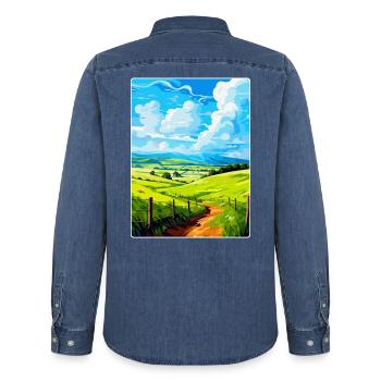 Sperrin Uk Vintage Reise Poster Souvenir WPA - Männer Jeanshemd Organic von Stanley/Stella - verwaschenes Mittelblau  - Hinten - AI Model Male 185 light (185cm)