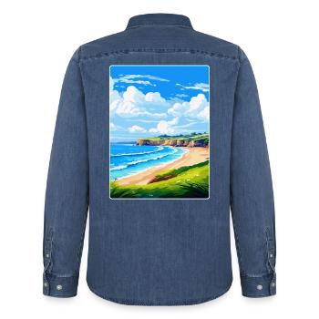 Maenporth Cornwall England Vereinigtes Königreich Reiseposter WPA - Männer Jeanshemd Organic von Stanley/Stella - verwaschenes Mittelblau  - Hinten - AI Model Male 185 light (185cm)