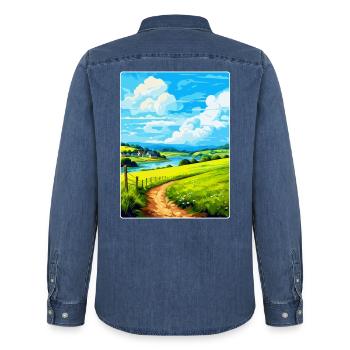 Lerryn Cornwall England Uk Travel Poster Souvenir - Men’s Organic Denim Shirt by Stanley/Stella - mid washy  - Back - AI Model Male 185 light (185cm)