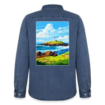 Godrevy Point England Uk Reise Poster Souvenir - Männer Jeanshemd Organic von Stanley/Stella - verwaschenes Mittelblau  - Hinten - AI Model Male 185 light (185cm)