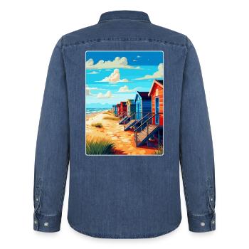 Wells Next To Sea England Uk Reiseposter WPA - Männer Jeanshemd Organic von Stanley/Stella - verwaschenes Mittelblau  - Hinten - AI Model Male 185 light (185cm)