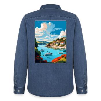 Salcombe England Uk Vintage Reiseposter Souvenir - Männer Jeanshemd Organic von Stanley/Stella - verwaschenes Mittelblau  - Hinten - AI Model Male 185 light (185cm)