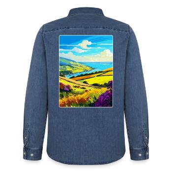 Exmoor Nationalpark Reiseposter Souvenir WPA - Männer Jeanshemd Organic von Stanley/Stella - verwaschenes Mittelblau  - Hinten - AI Model Male 185 light (185cm)