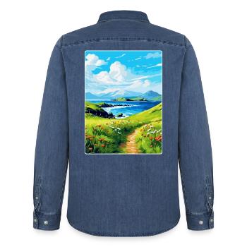 Île de Canna Écosse Royaume-Uni Affiche de voyage souvenir - Chemise en denim homme bio Stanley/Stella - bleu moyen délavé  - Dos - AI Model Male 185 light (185cm)