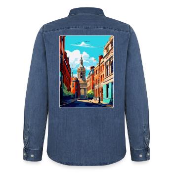 Leeds England Uk Vintage Reise Poster Souvenir - Männer Jeanshemd Organic von Stanley/Stella - verwaschenes Mittelblau  - Hinten - AI Model Male 185 light (185cm)
