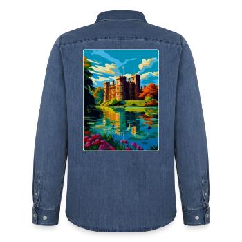Hever Castle Angleterre Royaume-Uni Affiche de voyage Souvenir WPA - Chemise en denim homme bio Stanley/Stella - bleu moyen délavé  - Dos - AI Model Male 185 light (185cm)