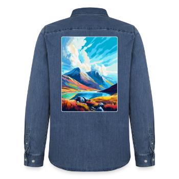 Ben Lomond Scotland Uk Travel Poster Souvenir WPA - Men’s Organic Denim Shirt by Stanley/Stella - mid washy  - Back - AI Model Male 185 light (185cm)