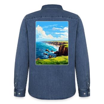 Lands End Cornouailles Angleterre Royaume-Uni Affiche de voyage WPA - Chemise en denim homme bio Stanley/Stella - bleu moyen délavé  - Dos - AI Model Male 185 light (185cm)