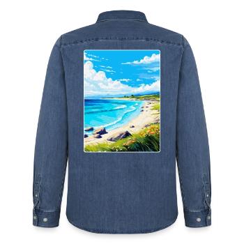 Plage de Luskentrye Affiche de voyage sur l’île de Harris WPA - Chemise en denim homme bio Stanley/Stella - bleu moyen délavé  - Dos - AI Model Male 185 light (185cm)