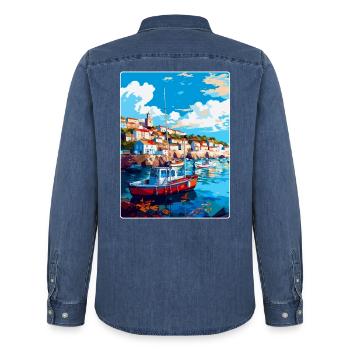 Brixham England Uk Vintage Reiseposter Souvenir - Männer Jeanshemd Organic von Stanley/Stella - verwaschenes Mittelblau  - Hinten - AI Model Male 185 light (185cm)