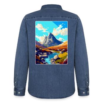Tryfan Wales Uk Vintage Reise Poster Souvenir WPA - Männer Jeanshemd Organic von Stanley/Stella - verwaschenes Mittelblau  - Hinten - AI Model Male 185 light (185cm)