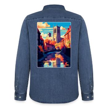 Durham England Uk Vintage Reiseposter Souvenir - Männer Jeanshemd Organic von Stanley/Stella - verwaschenes Mittelblau  - Hinten - AI Model Male 185 light (185cm)