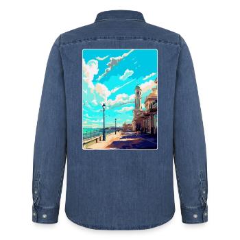 Brighton England Uk Vintage Reise Poster Souvenir - Männer Jeanshemd Organic von Stanley/Stella - verwaschenes Mittelblau  - Hinten - AI Model Male 185 light (185cm)