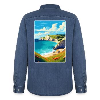 Lulworth Cove, England, Vereinigtes Königreich, Reiseposter, Souvenir - Männer Jeanshemd Organic von Stanley/Stella - verwaschenes Mittelblau  - Hinten - AI Model Male 185 light (185cm)