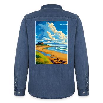 Northumberland Coast Anob Affiche de voyage souvenir - Chemise en denim homme bio Stanley/Stella - bleu moyen délavé  - Dos - AI Model Male 185 light (185cm)