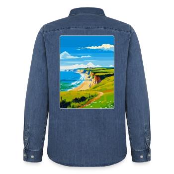 Dorset Uk Vintage Voyage Poster Souvenir WPA - Chemise en denim homme bio Stanley/Stella - bleu moyen délavé  - Dos - AI Model Male 185 light (185cm)
