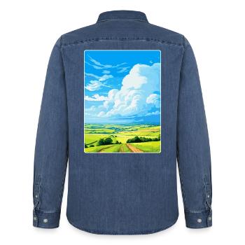 South Downs Vintage Voyage Poster Souvenir WPA - Chemise en denim homme bio Stanley/Stella - bleu moyen délavé  - Dos - AI Model Male 185 light (185cm)