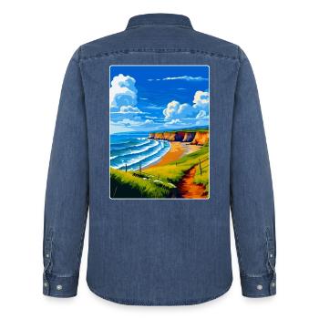 North Devon Vintage Travel Poster Souvenir WPA - Men’s Organic Denim Shirt by Stanley/Stella - mid washy  - Back - AI Model Male 185 light (185cm)