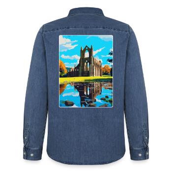 Bolton Abbey Angleterre Royaume-Uni Affiche de voyage Souvenir WPA - Chemise en denim homme bio Stanley/Stella - bleu moyen délavé  - Dos - AI Model Male 185 light (185cm)