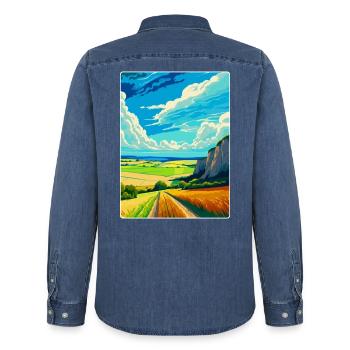 Affiche de voyage souvenir du parc national des South Downs - Chemise en denim homme bio Stanley/Stella - bleu moyen délavé  - Dos - AI Model Male 185 light (185cm)