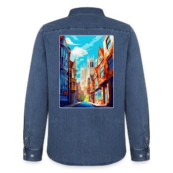 York Angleterre Royaume-Uni Affiche de voyage vintage Souvenir WPA - Chemise en denim homme bio Stanley/Stella - bleu moyen délavé  - Dos - AI Model Male 185 light (185cm)