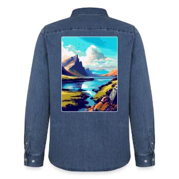 Isle Of Skye Schottland Uk Reise Poster Souvenir - Männer Jeanshemd Organic von Stanley/Stella - verwaschenes Mittelblau  - Hinten - AI Model Male 185 light (185cm)