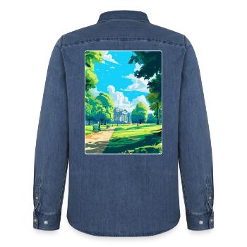 Hyde Park Londres Angleterre Royaume-Uni Affiche de voyage Souvenir - Chemise en denim homme bio Stanley/Stella - bleu moyen délavé  - Dos - AI Model Male 185 light (185cm)