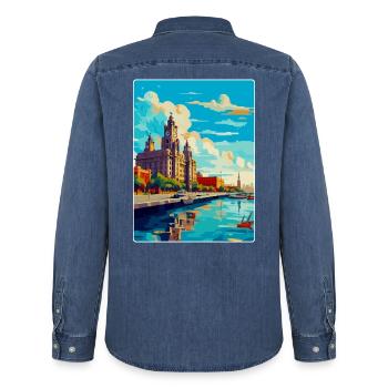 Liverpool Uk Vintage Reise Poster Souvenir WPA - Männer Jeanshemd Organic von Stanley/Stella - verwaschenes Mittelblau  - Hinten - AI Model Male 185 light (185cm)