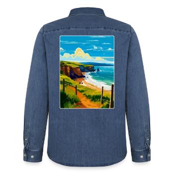 Devon West Country Vintage Travel Poster Souvenir - Men’s Organic Denim Shirt by Stanley/Stella - mid washy  - Back - AI Model Male 185 light (185cm)