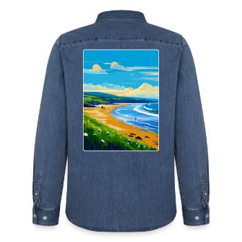 Croyde Beach Devon Vintage Travel Poster Souvenir - Men’s Organic Denim Shirt by Stanley/Stella - mid washy  - Back - AI Model Male 185 light (185cm)