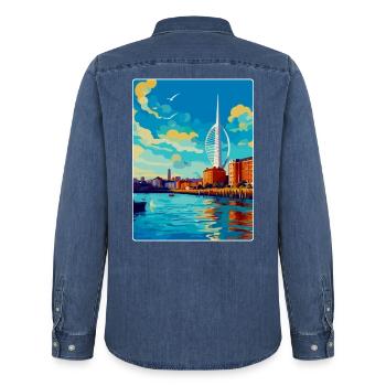 Portsmouth Uk Vintage Reise Poster Souvenir WPA - Männer Jeanshemd Organic von Stanley/Stella - verwaschenes Mittelblau  - Hinten - AI Model Male 185 light (185cm)