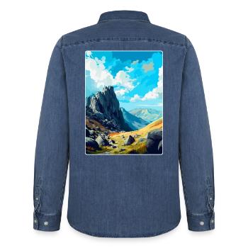 Glyder Fach Pays de Galles Royaume-Uni Affiche de voyage vintage WPA Art - Chemise en denim homme bio Stanley/Stella - bleu moyen délavé  - Dos - AI Model Male 185 light (185cm)