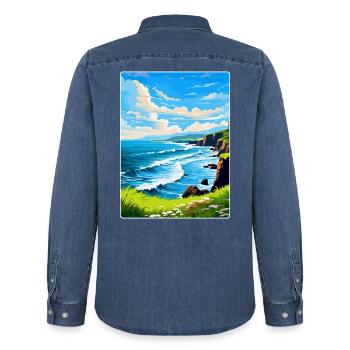 North Coast 500 Écosse Royaume-Uni Affiche de voyage vintage - Chemise en denim homme bio Stanley/Stella - bleu moyen délavé  - Dos - AI Model Male 185 light (185cm)
