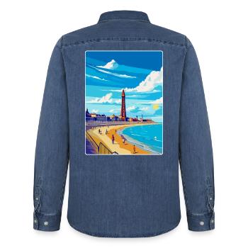Blackpool Uk Vintage Voyage Poster WPA Souvenir - Chemise en denim homme bio Stanley/Stella - bleu moyen délavé  - Dos - AI Model Male 185 light (185cm)