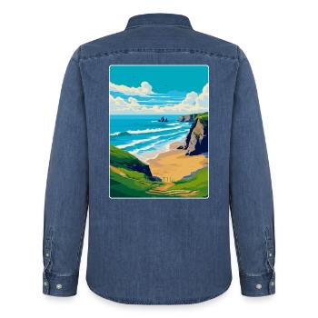Bedruthan Steps Cornwall England Uk Reiseplakat - Männer Jeanshemd Organic von Stanley/Stella - verwaschenes Mittelblau  - Hinten - AI Model Male 185 light (185cm)