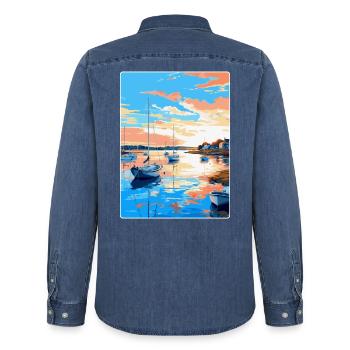 Poole Harbour England Uk Vintage Travel Poster WPA - Men’s Organic Denim Shirt by Stanley/Stella - mid washy  - Back - AI Model Male 185 light (185cm)