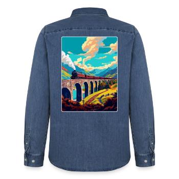 Glenfinnan Écosse Royaume-Uni Affiche de voyage vintage WPA - Chemise en denim homme bio Stanley/Stella - bleu moyen délavé  - Dos - AI Model Male 185 light (185cm)