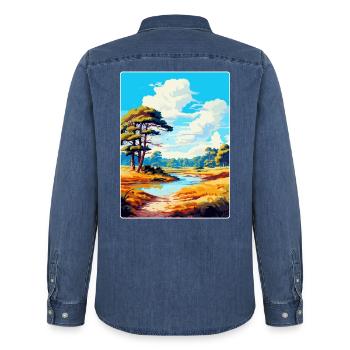 New Forest Nationalpark Vintage Reiseplakat WPA - Männer Jeanshemd Organic von Stanley/Stella - verwaschenes Mittelblau  - Hinten - AI Model Male 185 light (185cm)