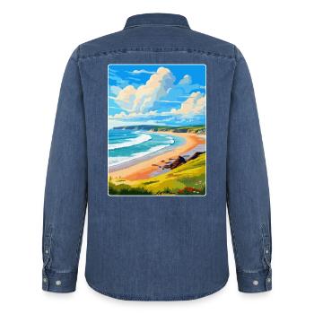 Woolacombe Devon Vintage Reiseposter Souvenir - Männer Jeanshemd Organic von Stanley/Stella - verwaschenes Mittelblau  - Hinten - AI Model Male 185 light (185cm)