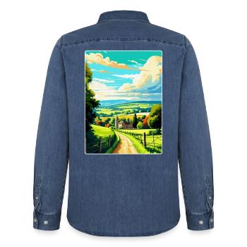 Cotswolds Angleterre Royaume-Uni Affiche de voyage vintage WPA Art - Chemise en denim homme bio Stanley/Stella - bleu moyen délavé  - Dos - AI Model Male 185 light (185cm)