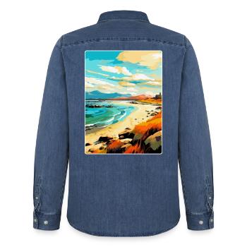 Île de Harris, Écosse, Royaume-Uni, Affiche de voyage vintage - Chemise en denim homme bio Stanley/Stella - bleu moyen délavé  - Dos - AI Model Male 185 light (185cm)