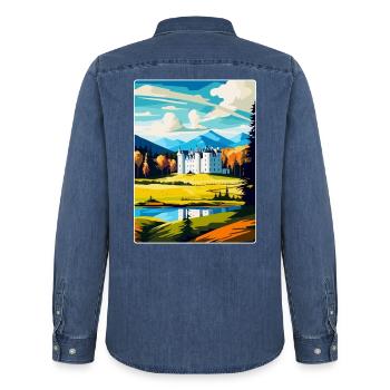 Blair Castle Écosse Royaume-Uni Affiche de voyage vintage WPA - Chemise en denim homme bio Stanley/Stella - bleu moyen délavé  - Dos - AI Model Male 185 light (185cm)