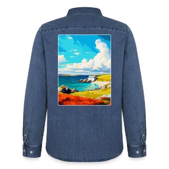Shetland Écosse Royaume-Uni Affiche de voyage vintage WPA Art - Chemise en denim homme bio Stanley/Stella - bleu moyen délavé  - Dos - AI Model Male 185 light (185cm)