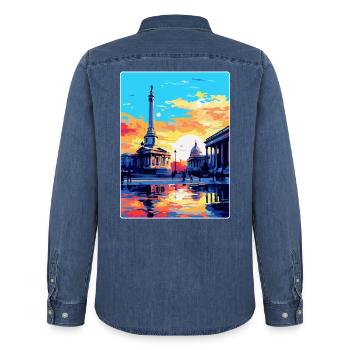 Trafalgar Square England Uk Vintage Reiseplakat - Männer Jeanshemd Organic von Stanley/Stella - verwaschenes Mittelblau  - Hinten - AI Model Male 185 light (185cm)