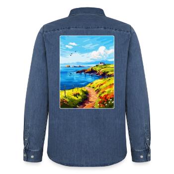 Isle Of Seil Schottland UK Vintage Reiseposter WPA - Männer Jeanshemd Organic von Stanley/Stella - verwaschenes Mittelblau  - Hinten - AI Model Male 185 light (185cm)