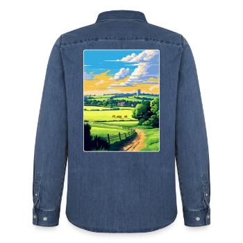Cotswolds Angleterre Royaume-Uni Affiche de voyage vintage WPA Art - Chemise en denim homme bio Stanley/Stella - bleu moyen délavé  - Dos - AI Model Male 185 light (185cm)