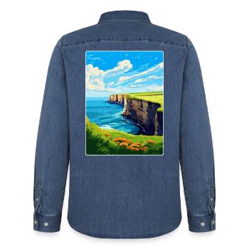 Bempton Cliffs England Uk Vintage Reiseposter - Männer Jeanshemd Organic von Stanley/Stella - verwaschenes Mittelblau  - Hinten - AI Model Male 185 light (185cm)