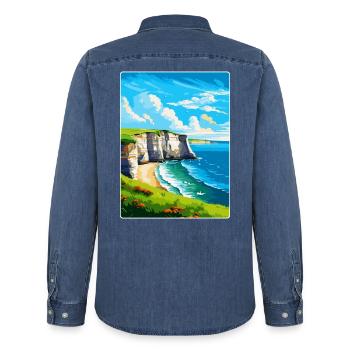 Flamborough Head England Uk Vintage Reiseposter - Männer Jeanshemd Organic von Stanley/Stella - verwaschenes Mittelblau  - Hinten - AI Model Male 185 light (185cm)