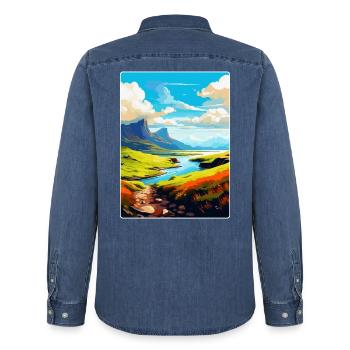 Isle Of Skye Schottland UK Vintage Reiseposter WPA - Männer Jeanshemd Organic von Stanley/Stella - verwaschenes Mittelblau  - Hinten - AI Model Male 185 light (185cm)