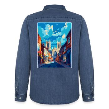 York Angleterre Royaume-Uni Affiche de voyage vintage Souvenir WPA - Chemise en denim homme bio Stanley/Stella - bleu moyen délavé  - Dos - AI Model Male 185 light (185cm)